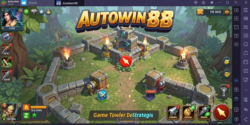 Screenshot utama AUTOWIN88 menampilkan serangan menara dalam gameplay Tower Defense.