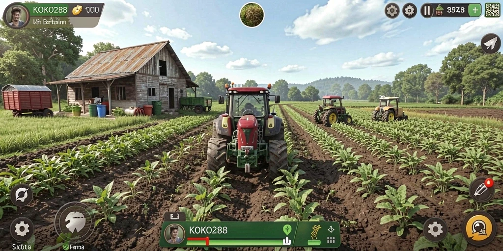 Tangkapan layar gameplay KOKO288 yang menunjukkan suasana pertanian yang indah.