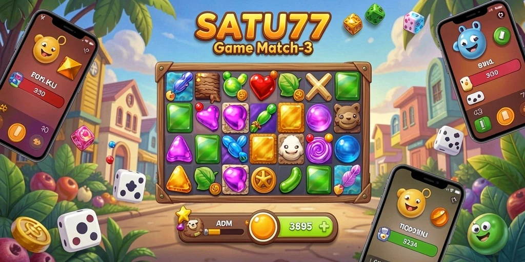 Screenshot menunjukkan gameplay seru SATU77 dengan berbagai item match-3.